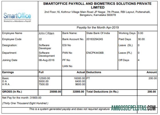 INDIA SMARTOFFICE e soluções de biometria Folha de pagamento privada limitada em formatos Word e PDF baixar para verificação